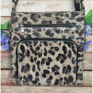 Estalon Leather Cheetah Leopard Print Crossbody Purse Adjustable Straps Zip Top